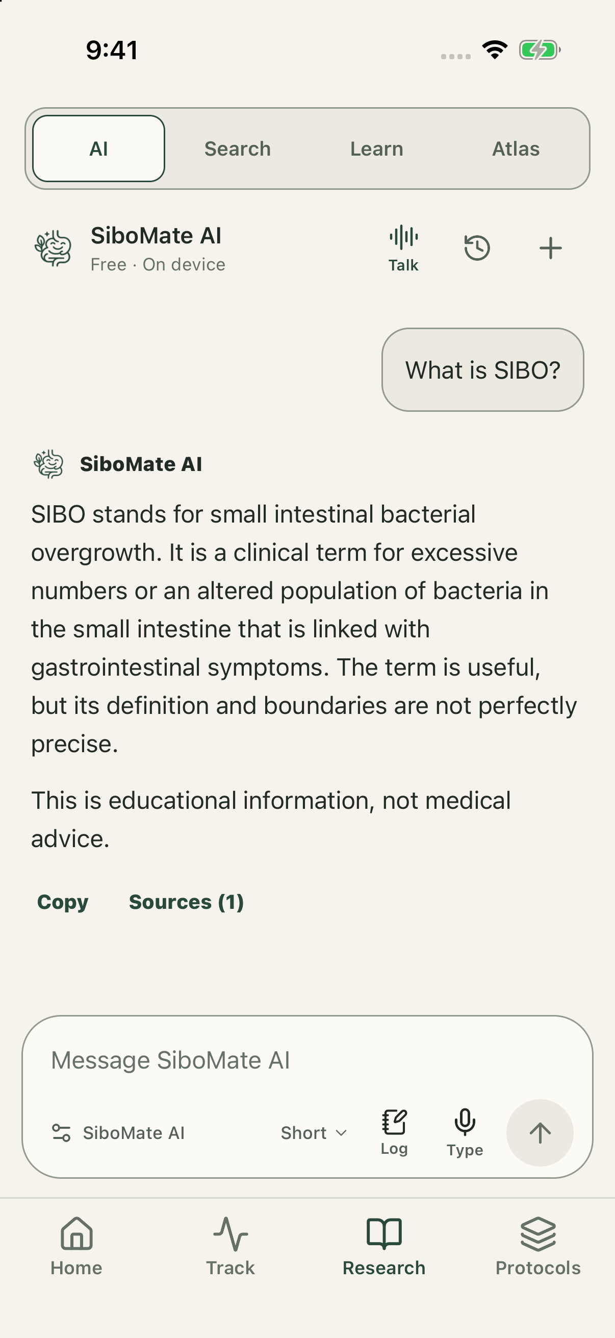 SiboMate AI chat screen with private on-device context controls