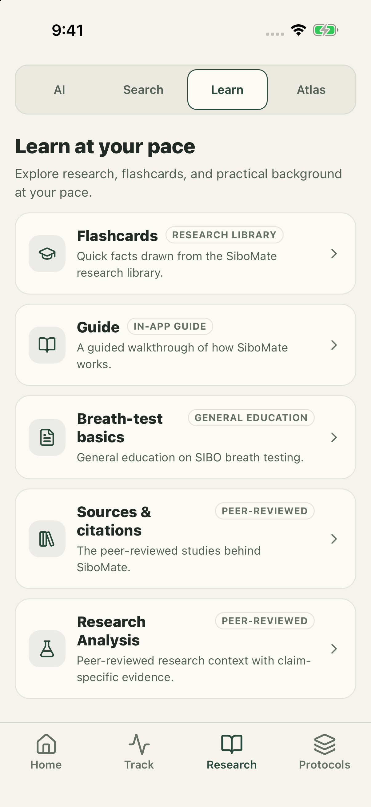SiboMate research library screen with local resources and learning topics