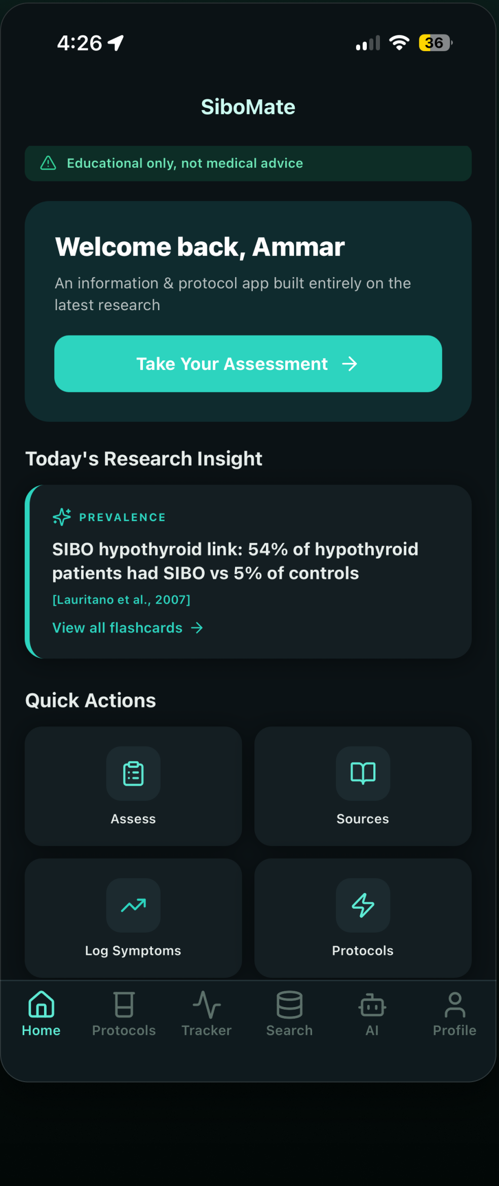 SiboMate home screen showing a personalized gut-health overview