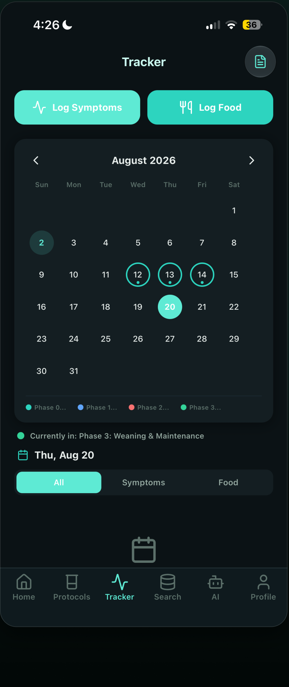 SiboMate symptom and food tracker screen